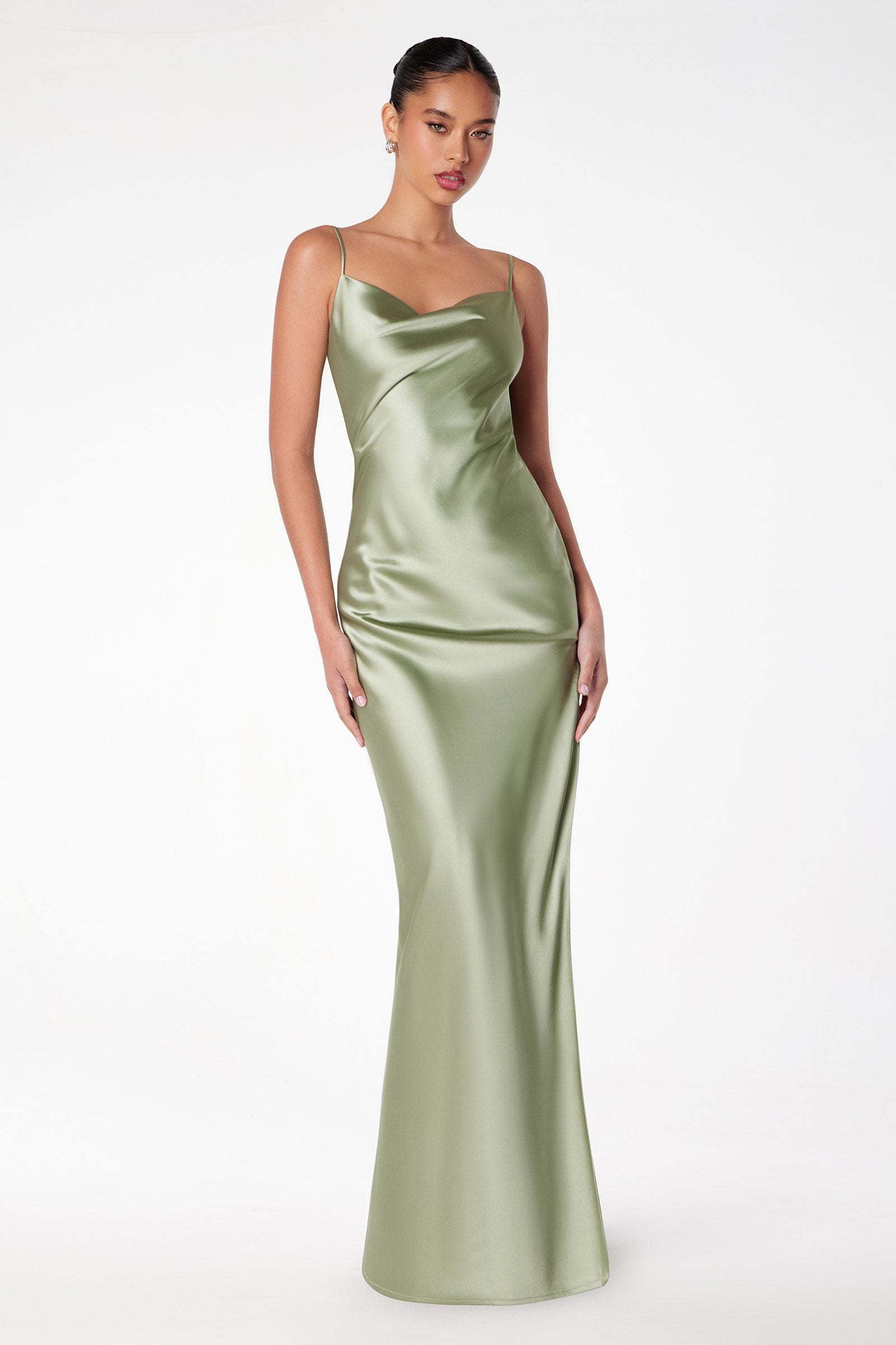 Sage green sleeveless satin open-back gown with draped bodice