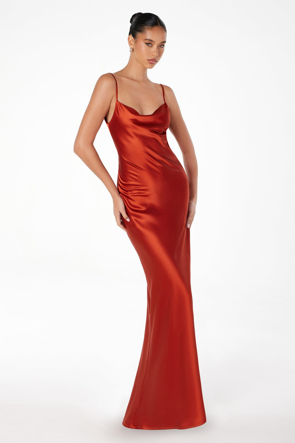 Sienna satin sleeveless open-back gown with spaghetti straps and fitted skirt