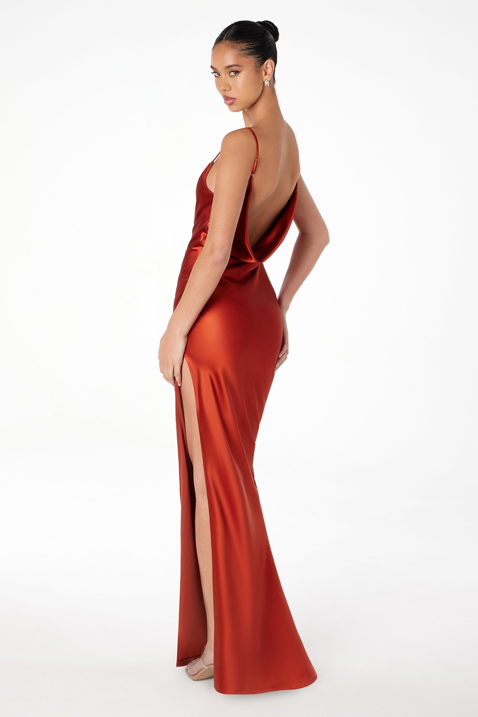 Sienna satin sleeveless open-back gown with low V back and side slit