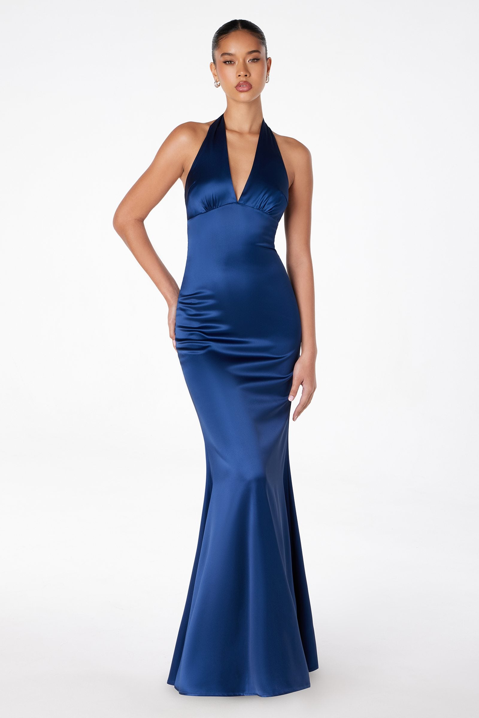 Blue satin halter evening gown with V-neck and fitted silhouette with flared hem