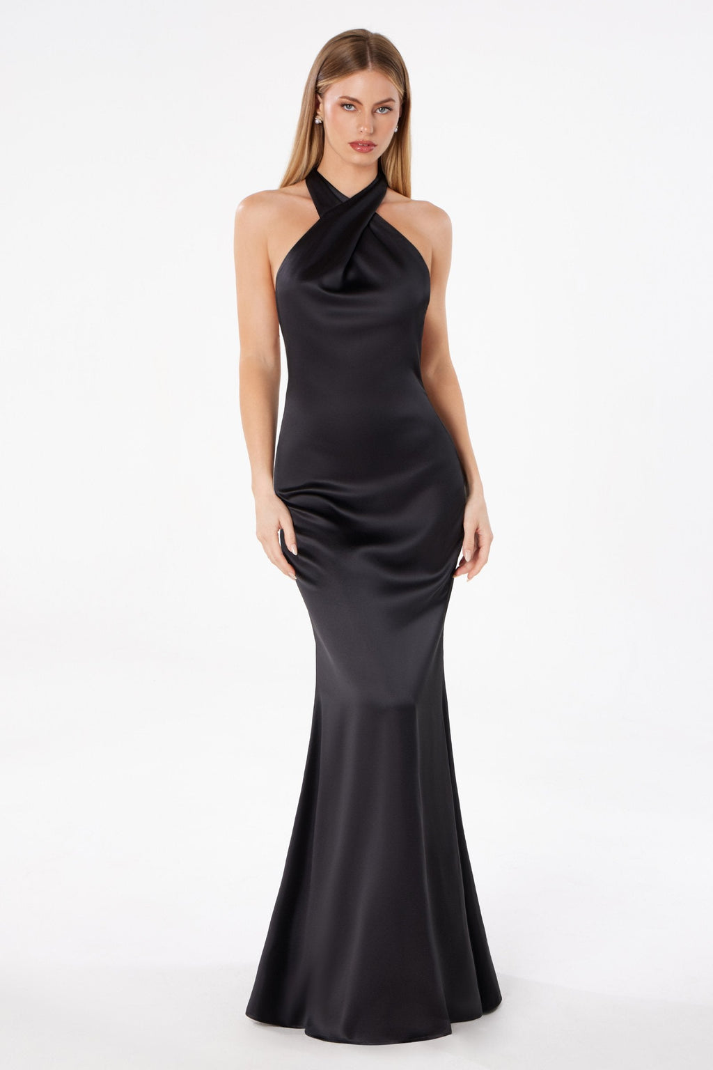 Satin halter mermaid gown with twisted neckline, fitted silhouette, sleeveless