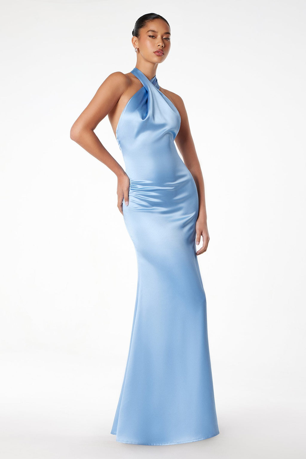 Satin mermaid gown with halter twist, sleeveless, light blue, fitted skirt