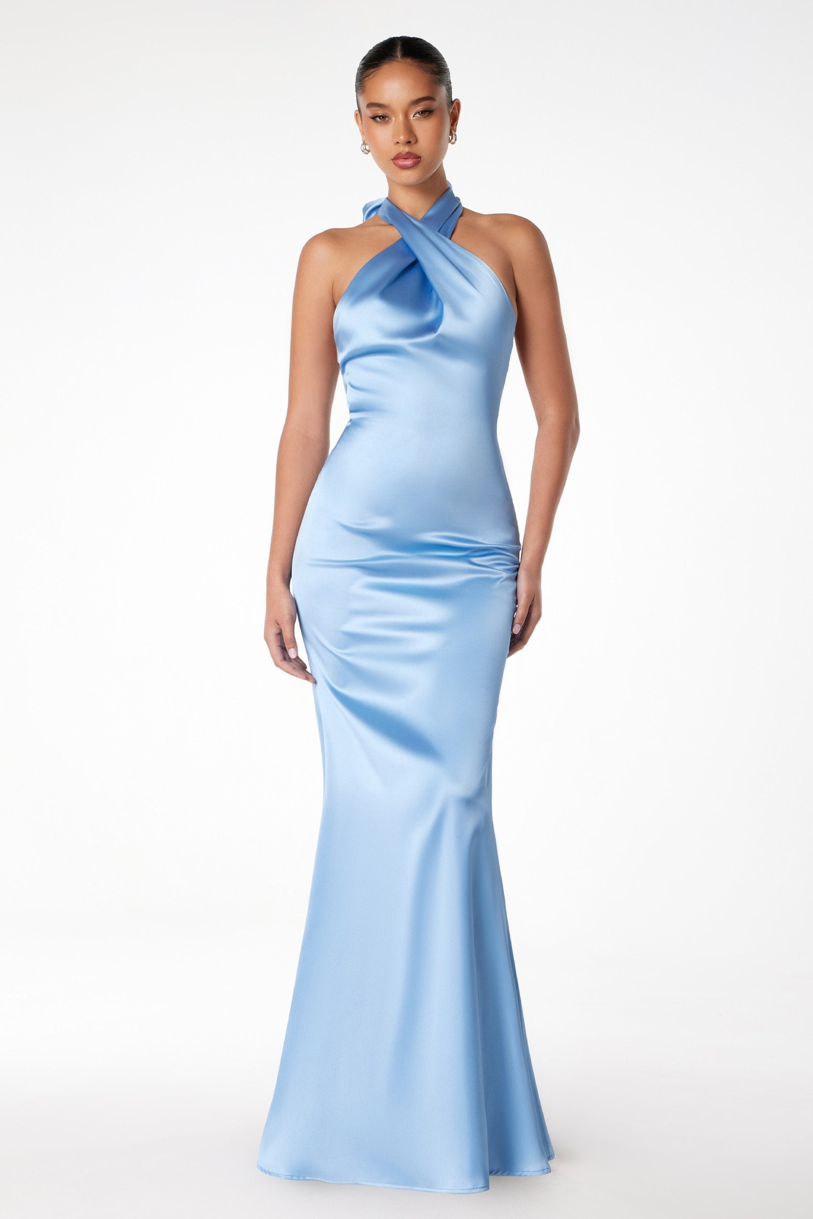 Satin mermaid gown with halter twist, sleeveless, light blue