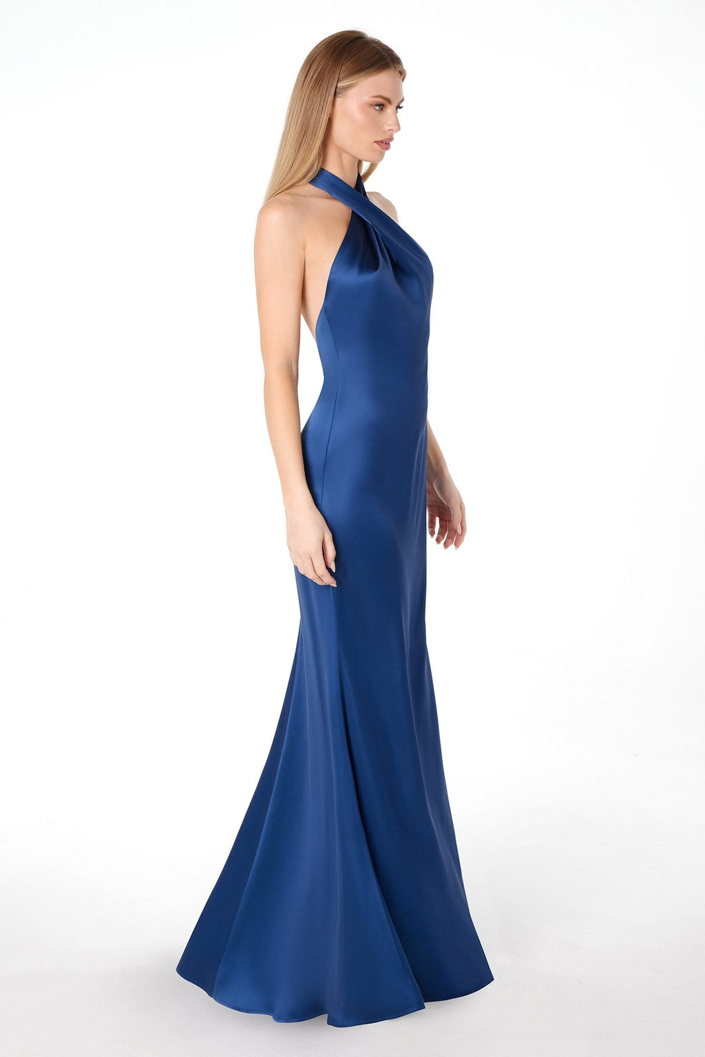 Satin mermaid gown with halter twist, sleeveless, deep blue, side view