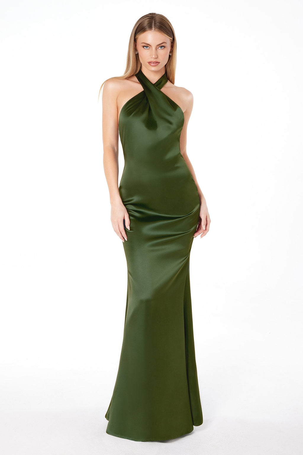 Satin halter mermaid gown in dark green, twisted halter neckline and long fitted skirt