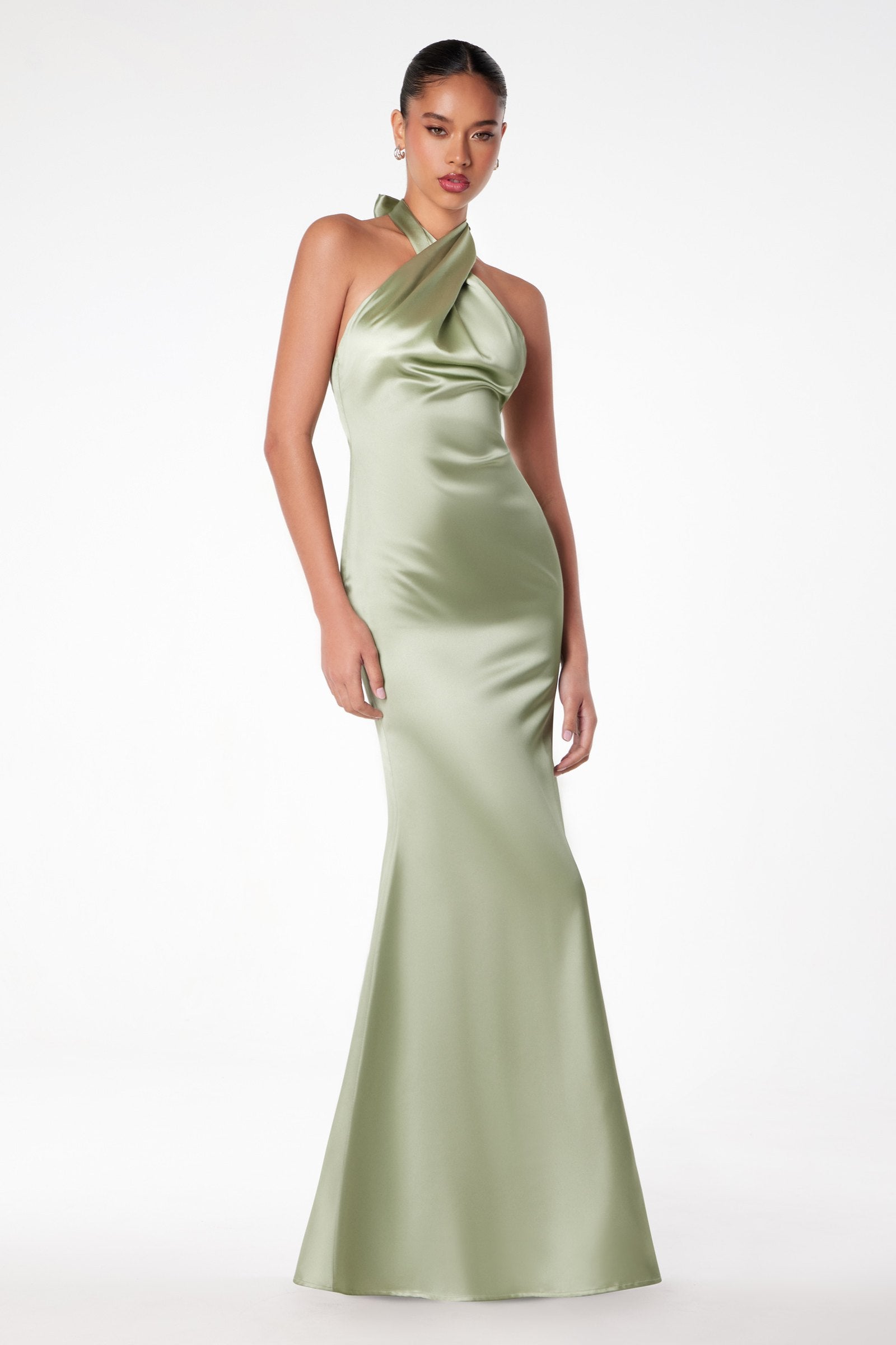Satin mermaid gown with halter twist, sleeveless, sage green
