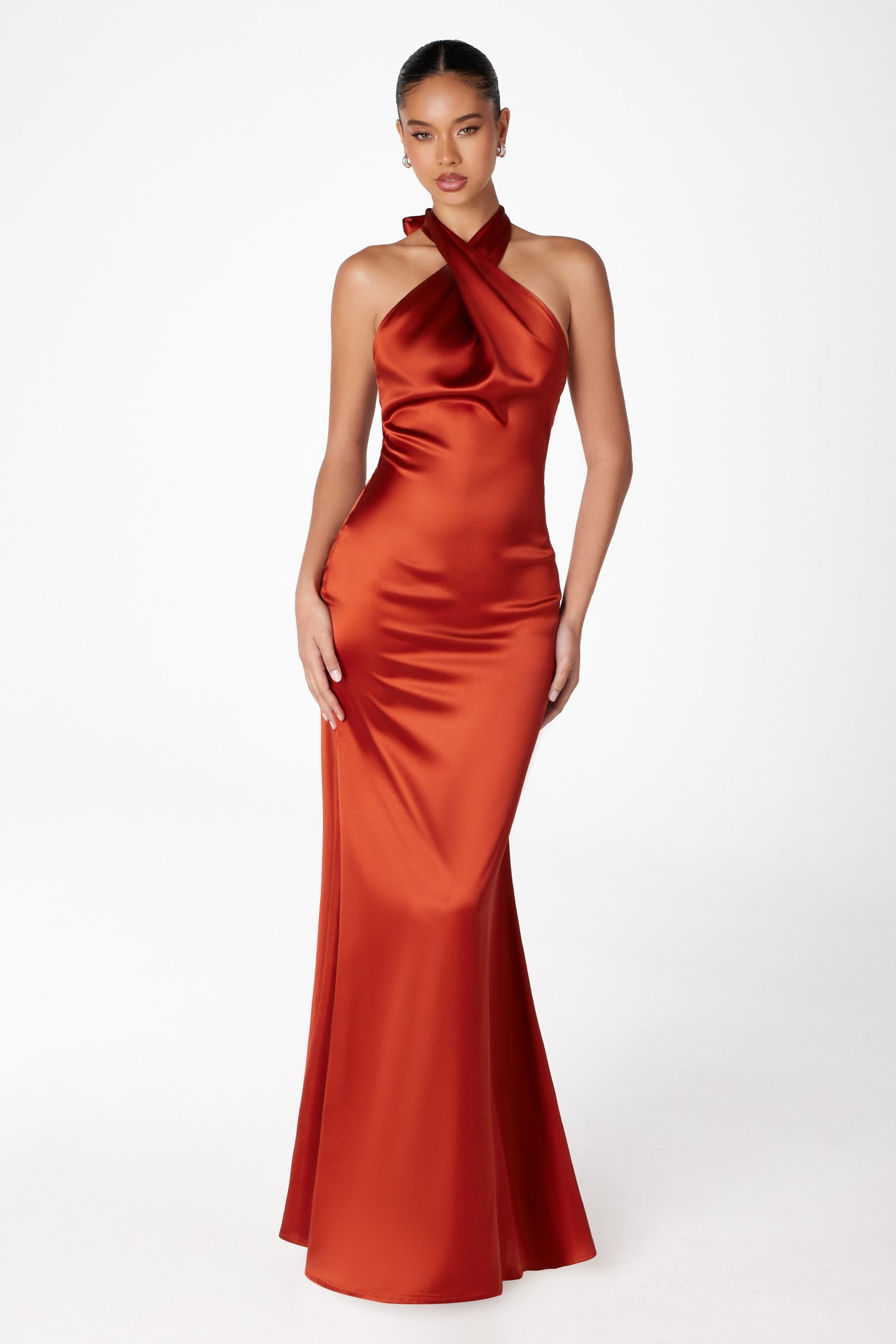 Satin halter mermaid gown with twisted neckline, fitted ruched bodice, sleeveless