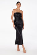 Black satin tea-length strapless dress with ruched bodice and fitted skirt