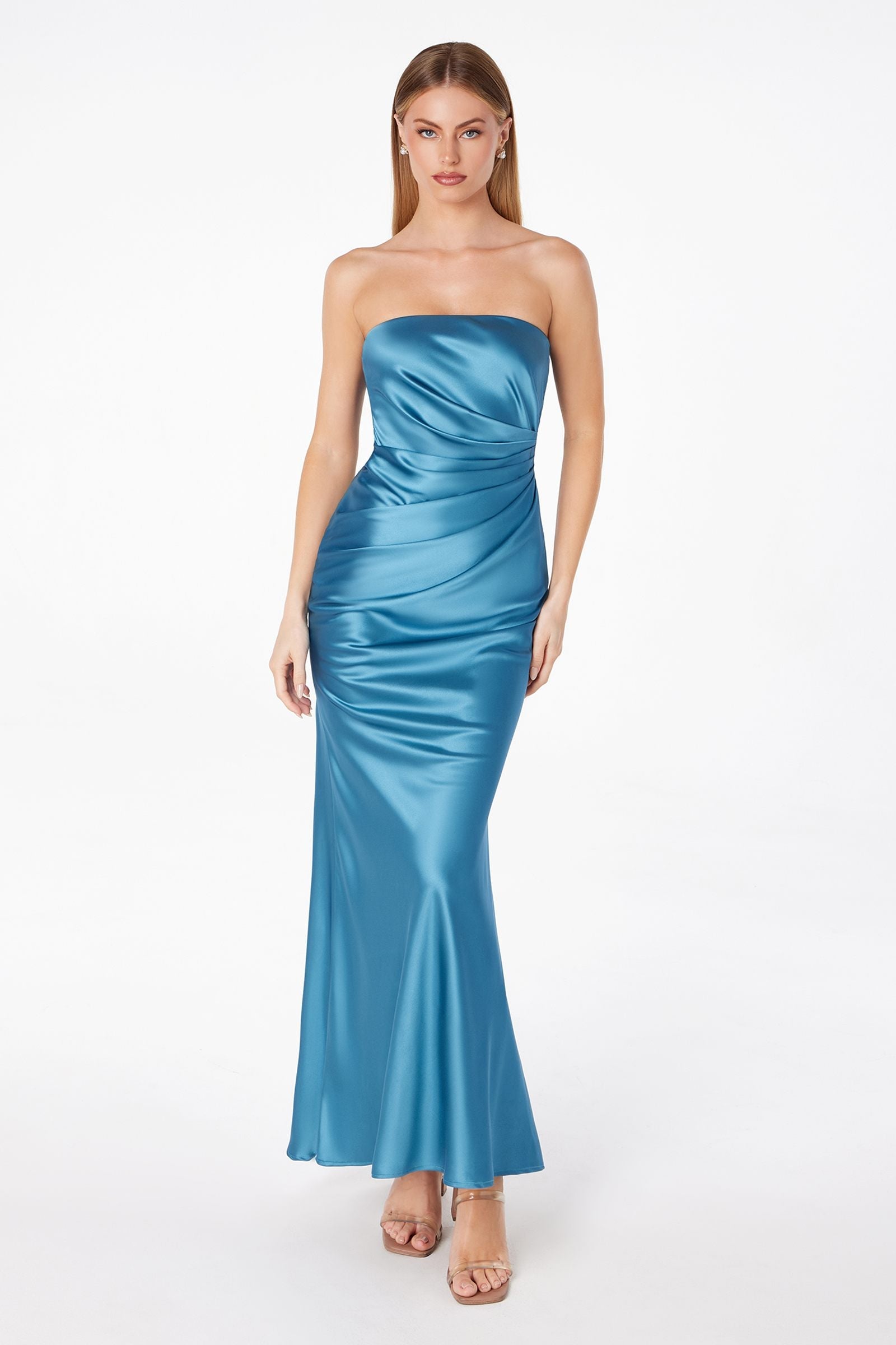 Strapless tea-length satin dress with ruched front and fitted straight skirt