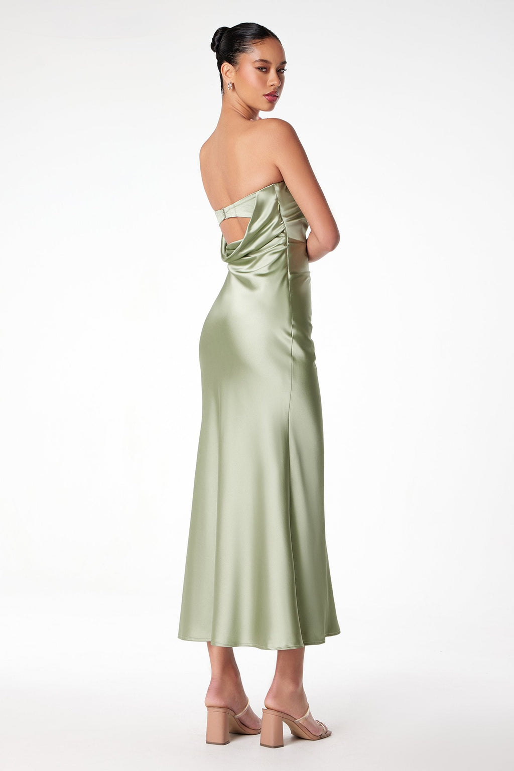 Sage green satin tea-length strapless dress with draped sweetheart neckline