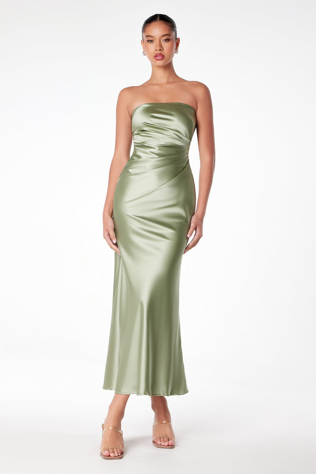 Tea-length satin dress in olive green with strapless bandeau bodice and ruched front