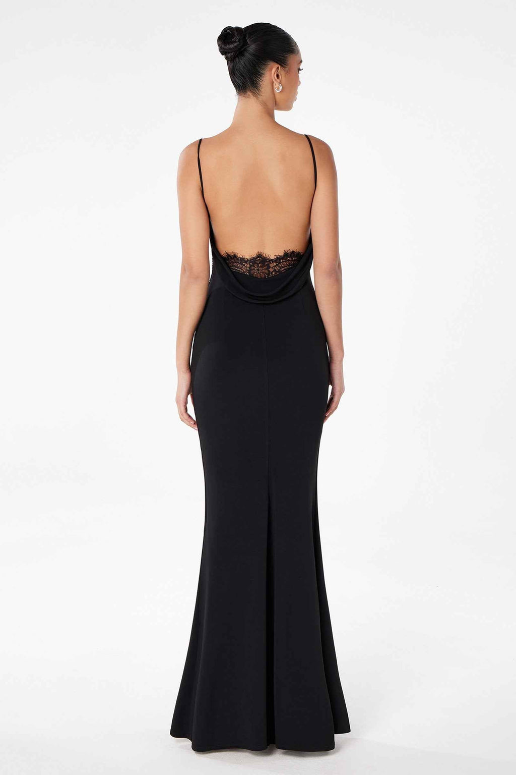 Open-back fitted spaghetti-strap gown with lace trim, black