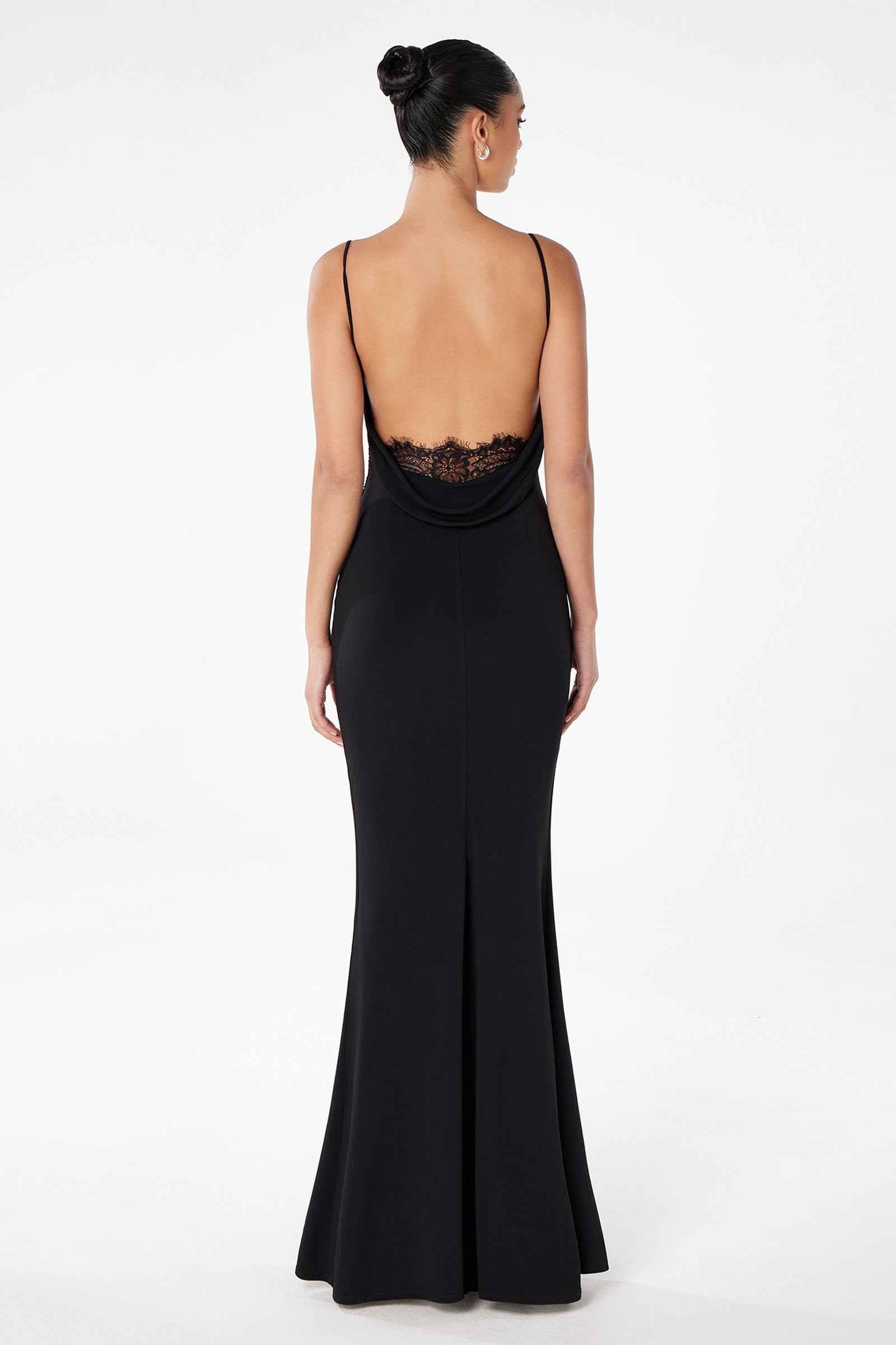 Open-back fitted spaghetti-strap gown with lace trim, black