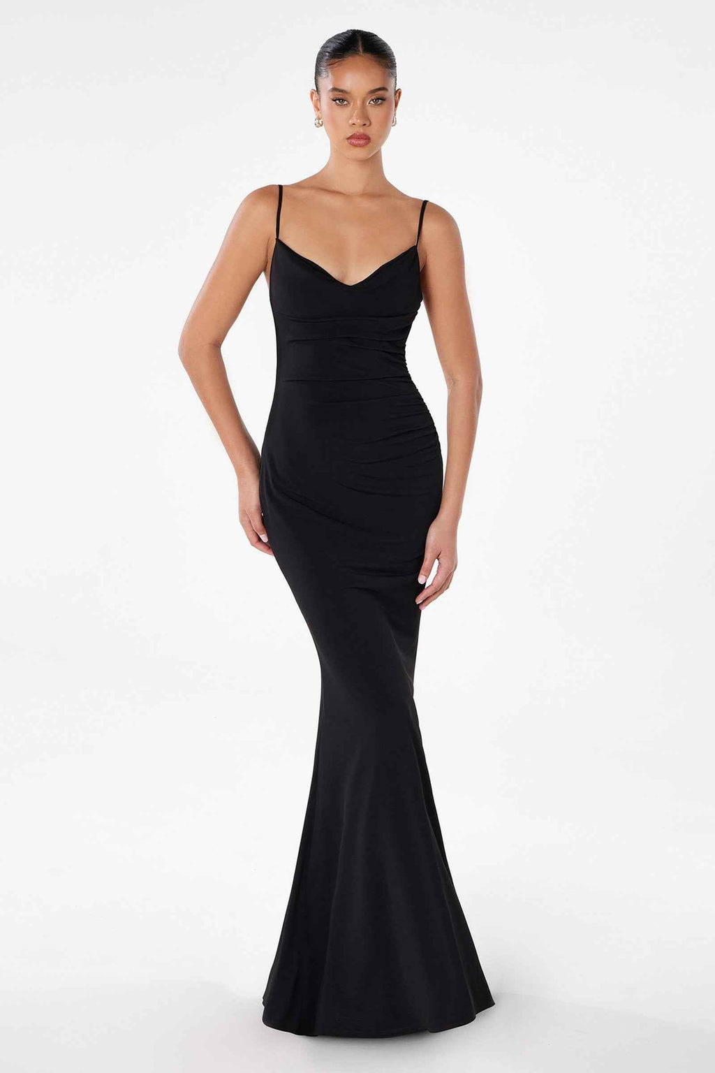 Fitted spaghetti-strap gown with draped bodice, black