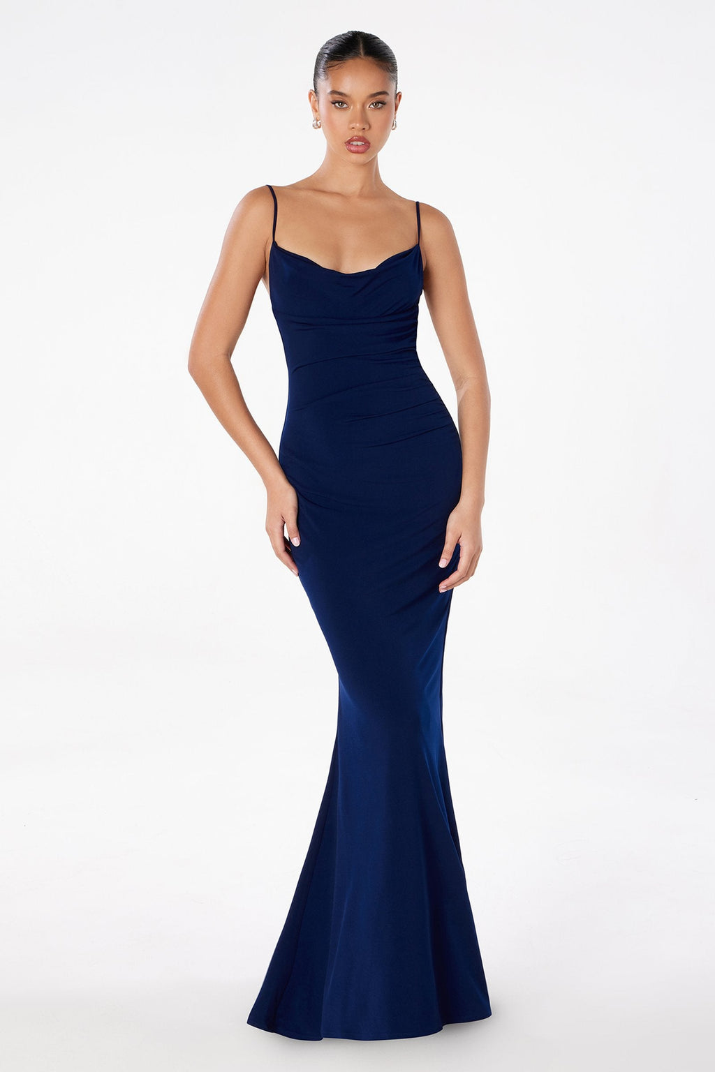 Navy blue fitted spaghetti-strap gown, open back, lace detail, mermaid hem