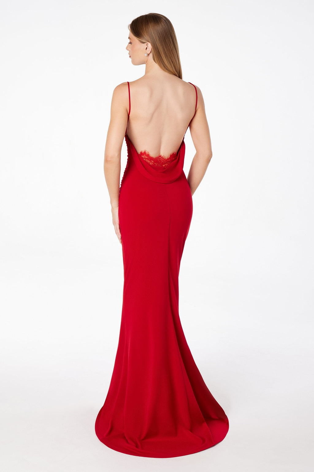 Fitted spaghetti strap gown, red, open back with lace overlay