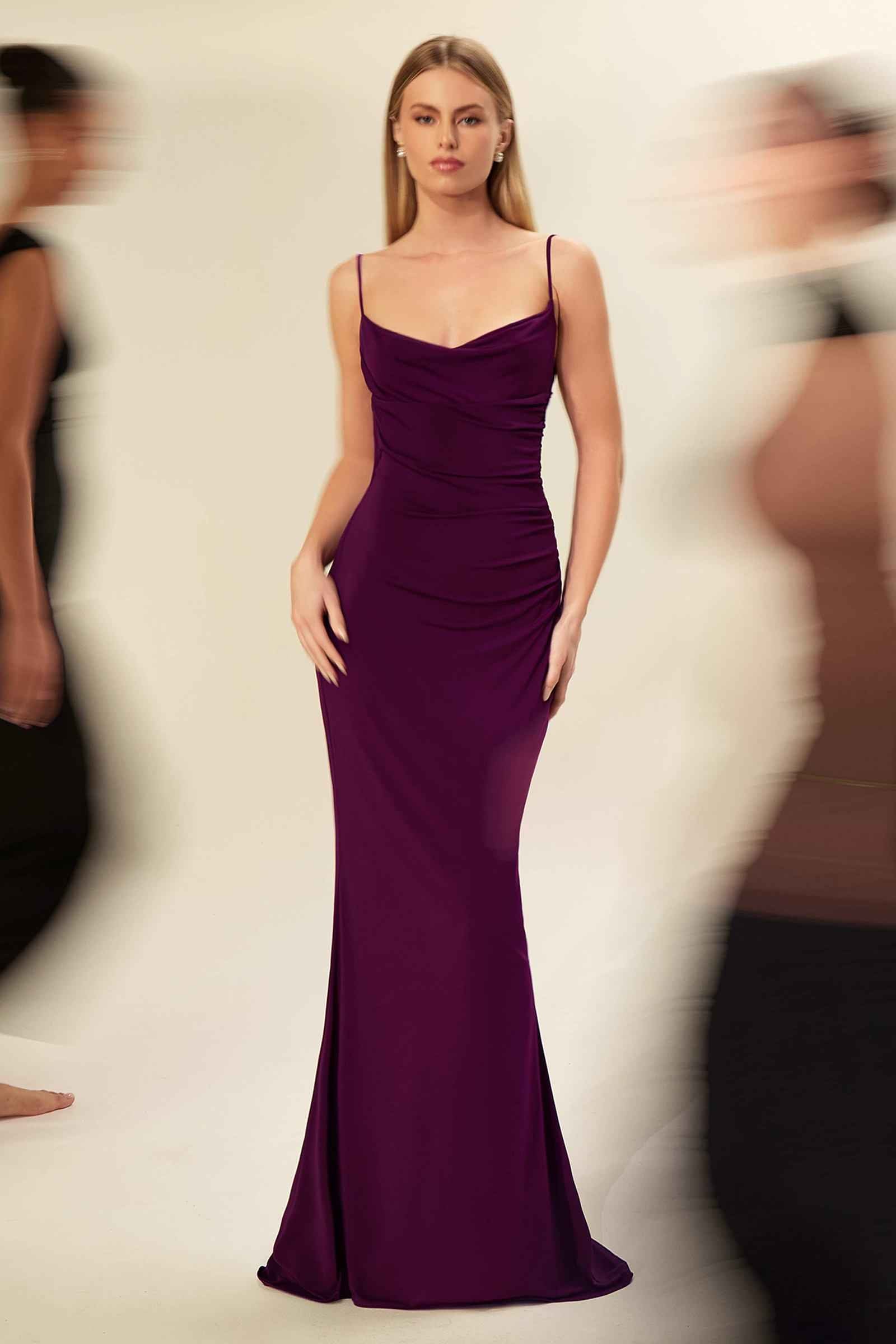 Fitted spaghetti-strap gown with draped bodice, merlot plum