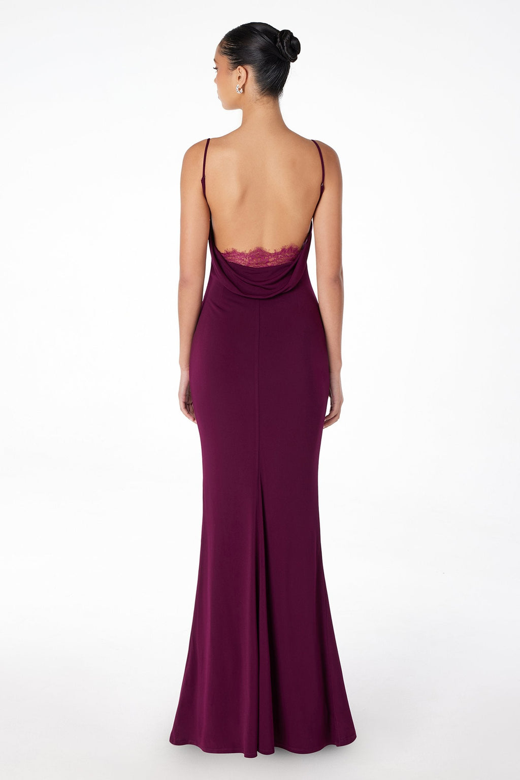 Back view fitted spaghetti strap gown with lace-trim back neckline; long mermaid hem.