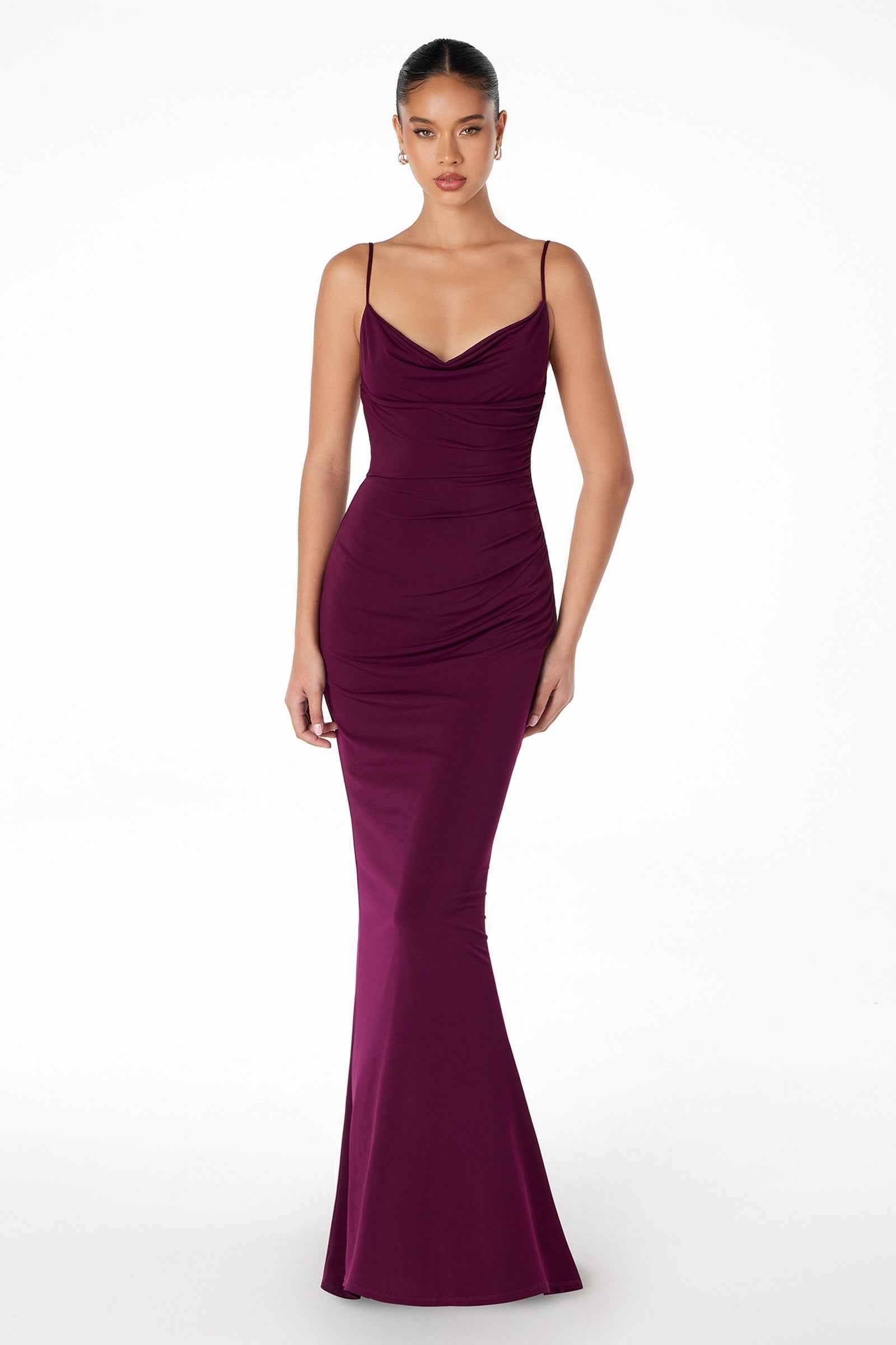 Fitted spaghetti-strap gown with lace-trim open back, merlot plum color