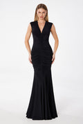 Black long ruched mermaid gown, sleeveless V-neck, front view