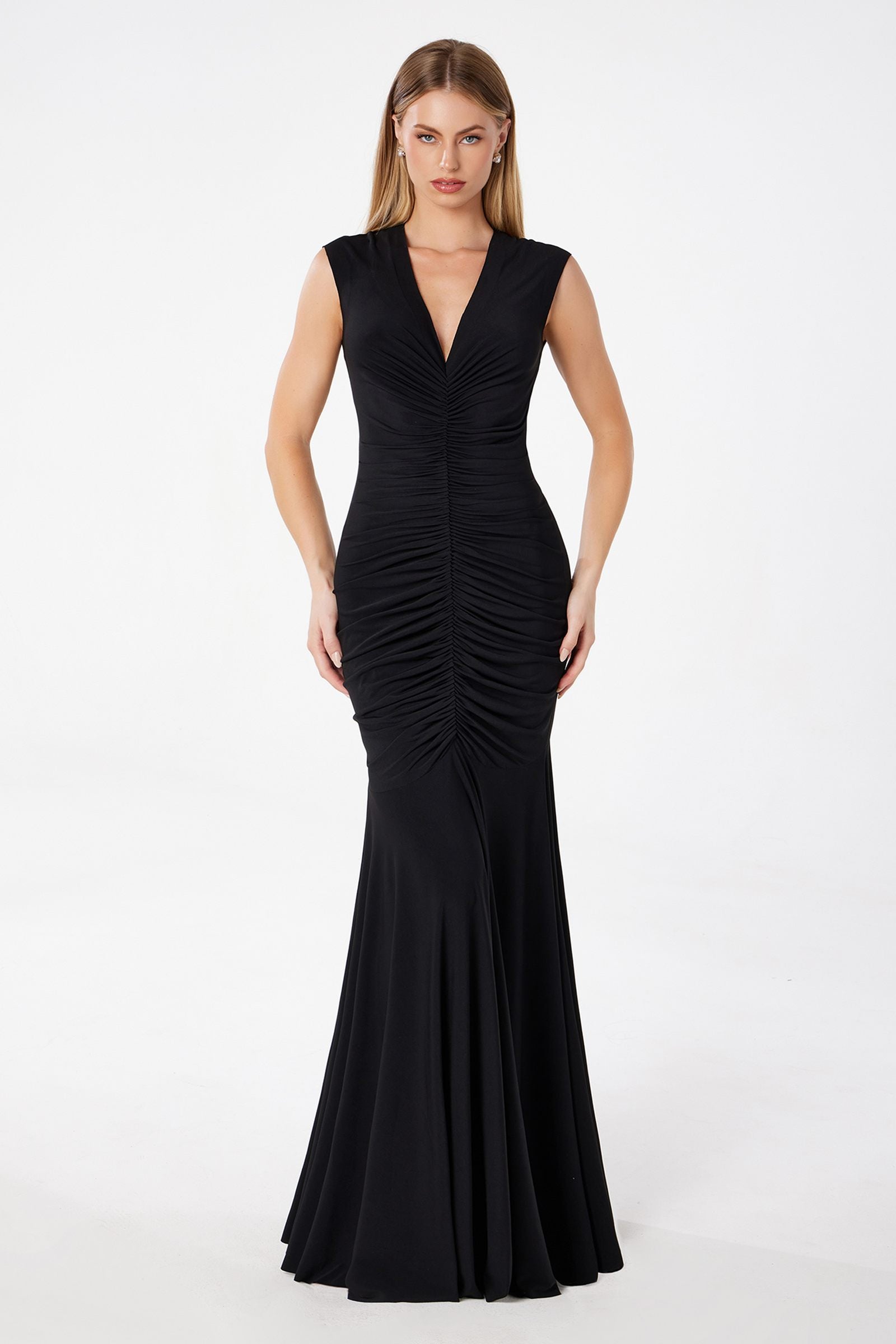 Black long ruched mermaid gown, sleeveless V-neck, front view