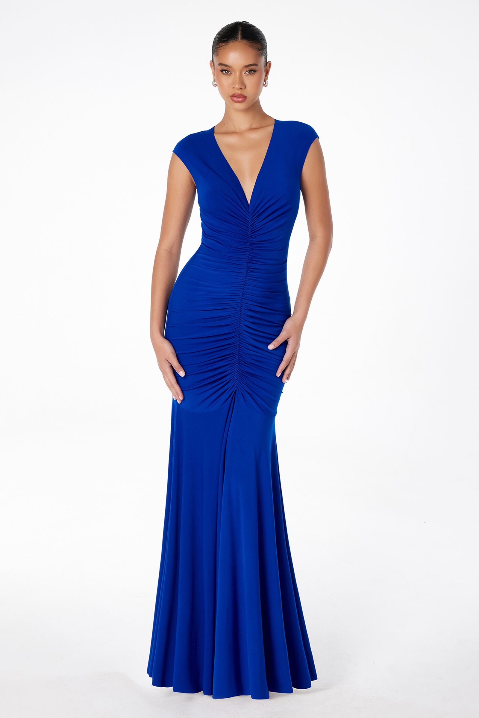 Royal blue long ruched mermaid gown, sleeveless V-neck, three-quarter front