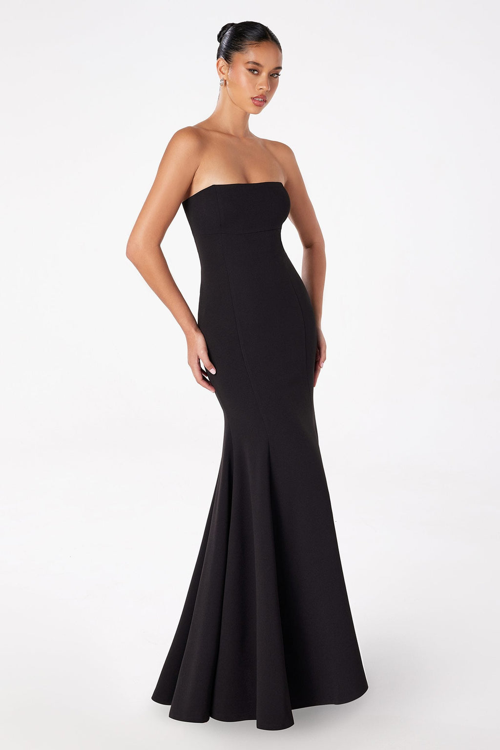 Black strapless fitted mermaid gown with smooth bodice and flared skirt