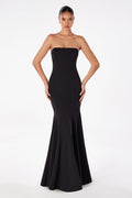 Black strapless fitted mermaid gown with straight neckline and flared hem