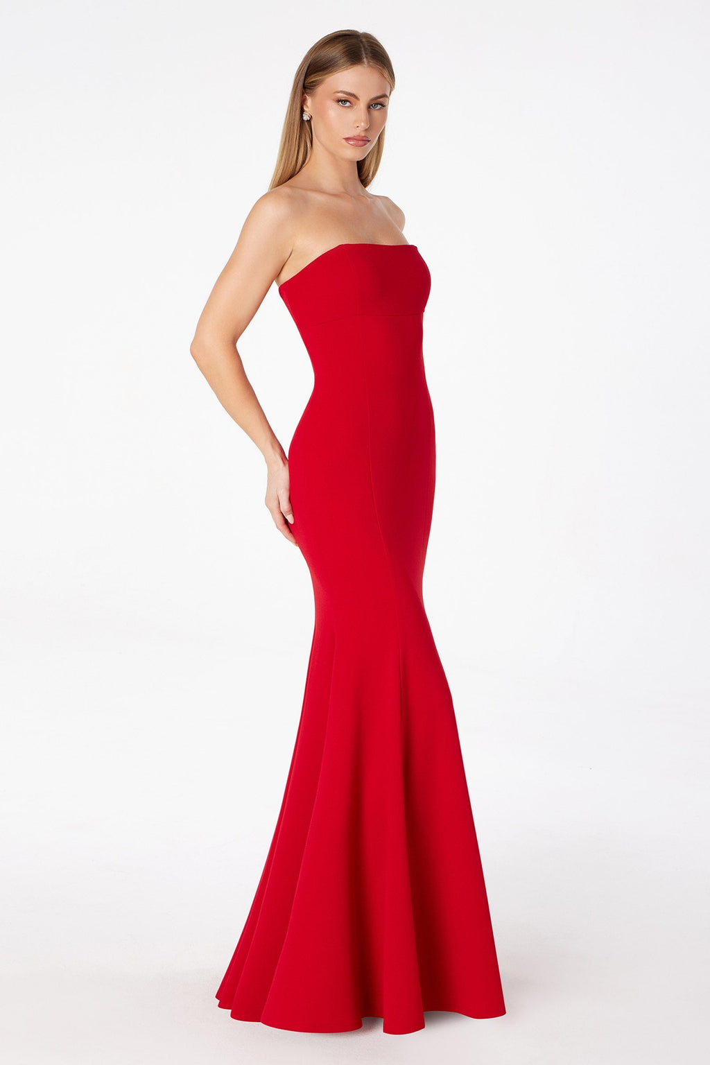Red strapless fitted mermaid gown with fitted waist and flared hem