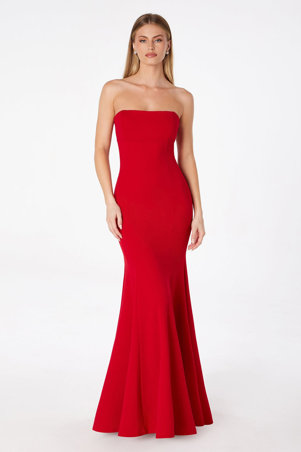 Red strapless fitted mermaid gown with fitted bodice and flared skirt