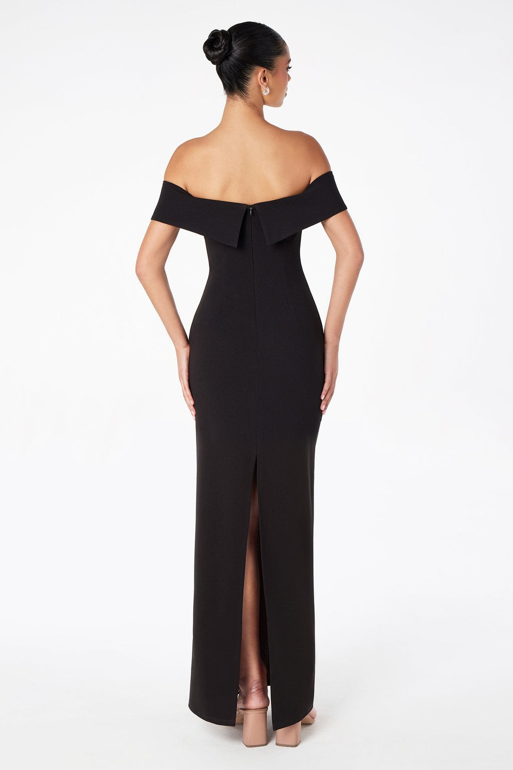 Black off-shoulder backless fitted evening gown with center slit