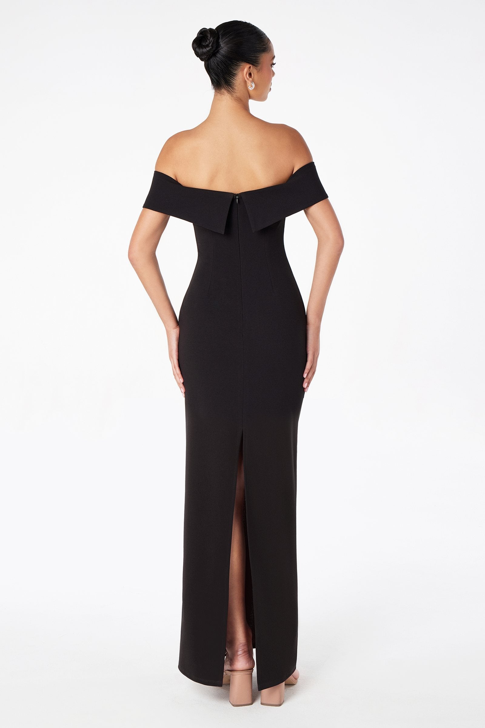 Black off-shoulder backless fitted evening gown with center slit