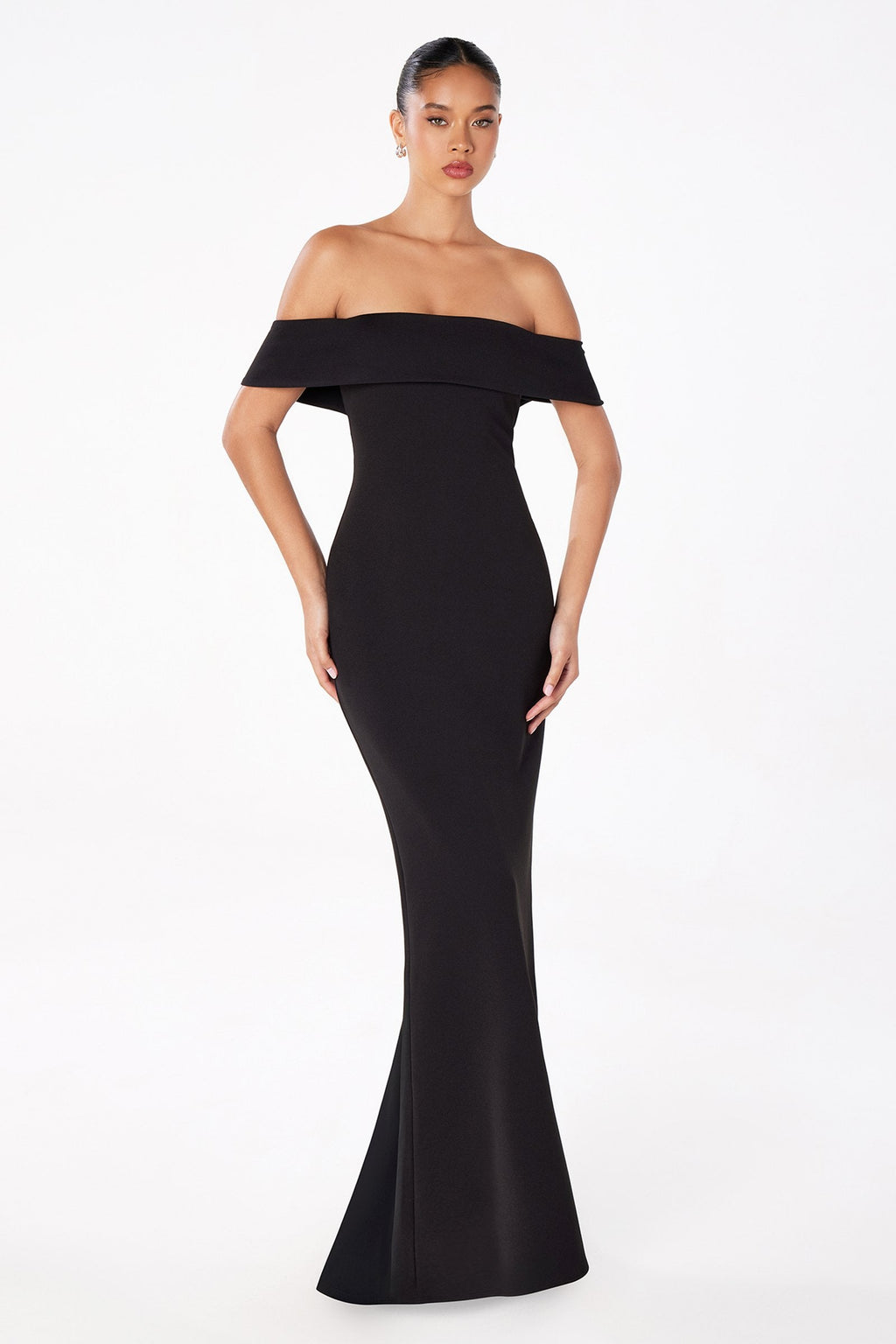 Black off-shoulder fitted mermaid evening gown