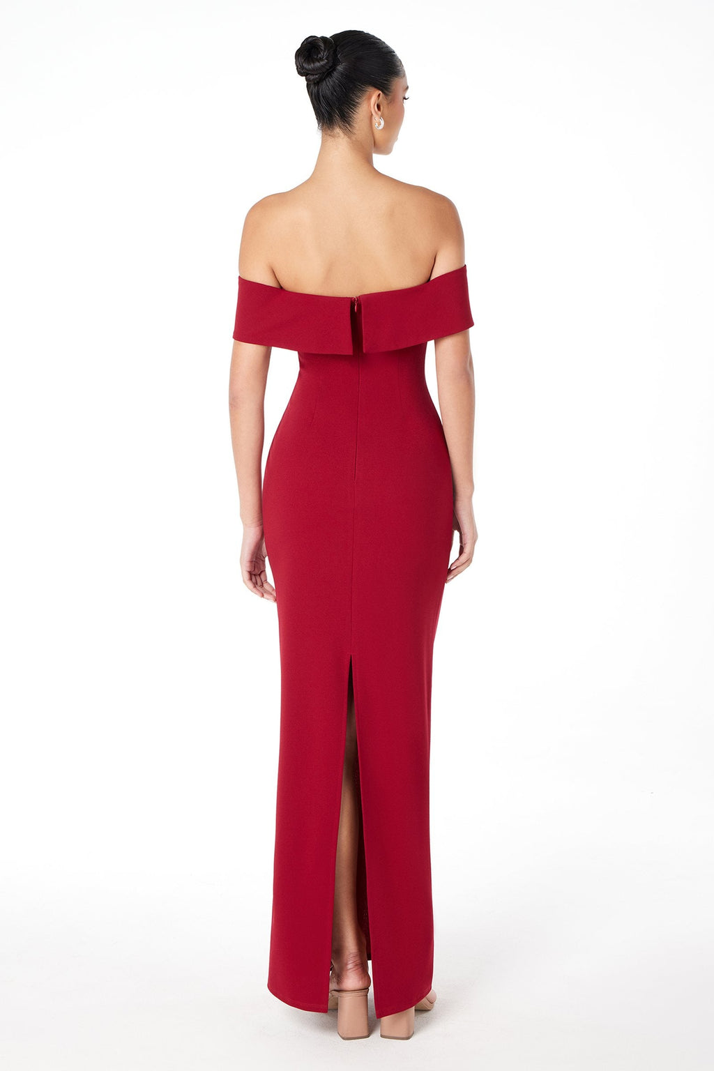 Burgundy off-shoulder backless evening gown with front slit