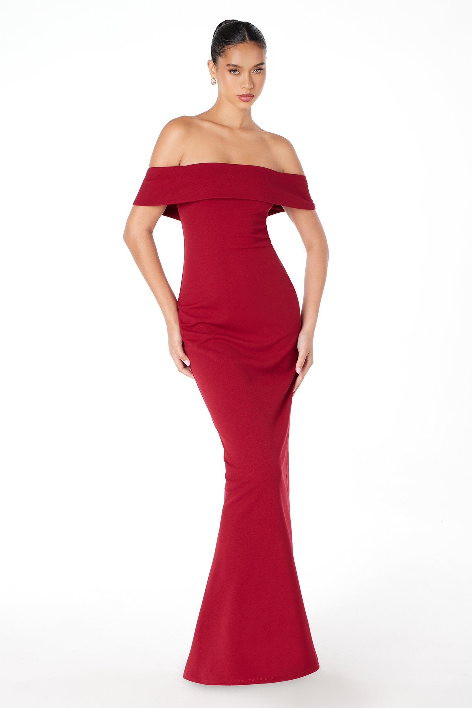 Burgundy off-shoulder fitted mermaid evening gown