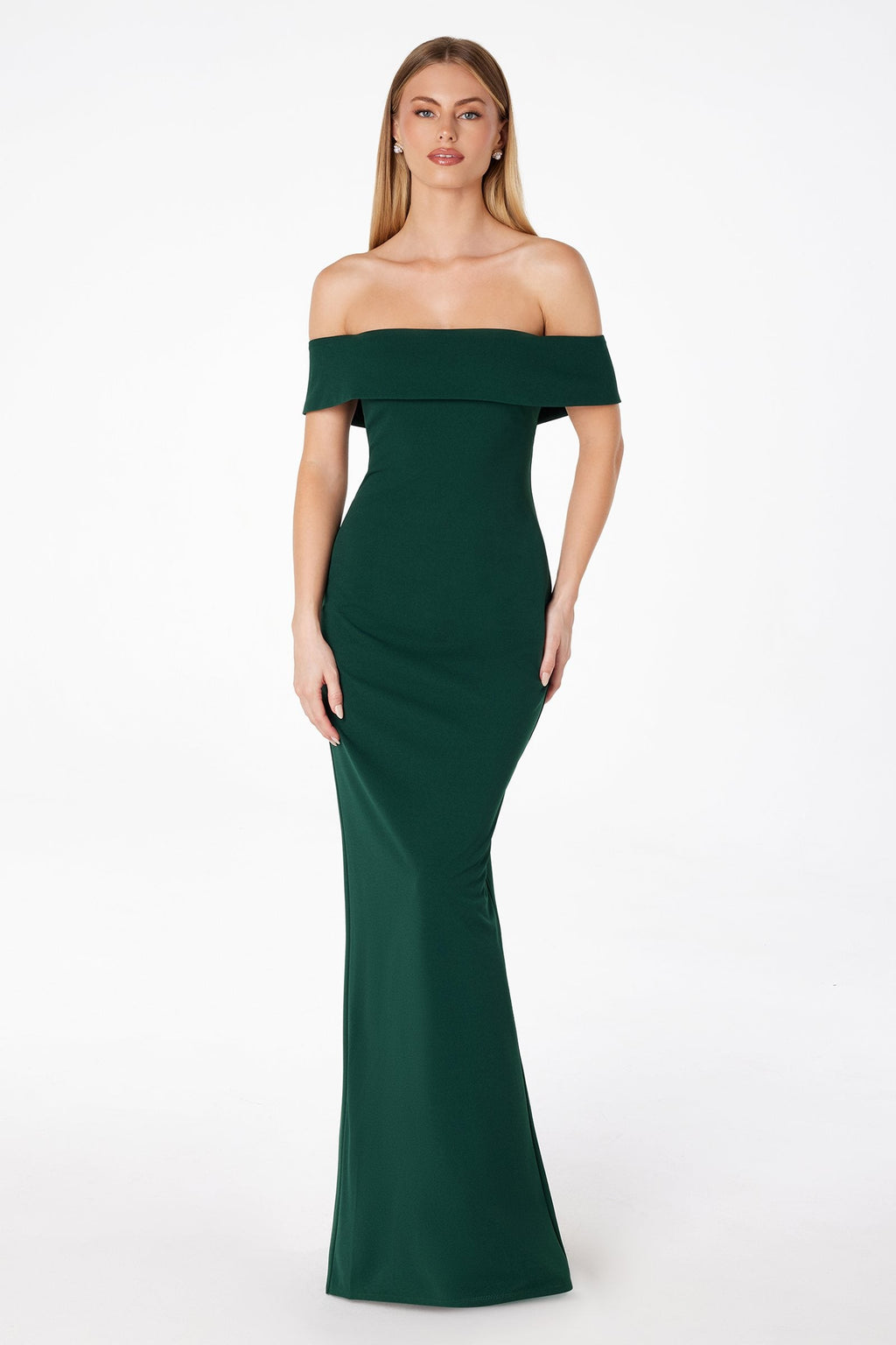 Emerald green off-shoulder fitted evening gown, straight column silhouette