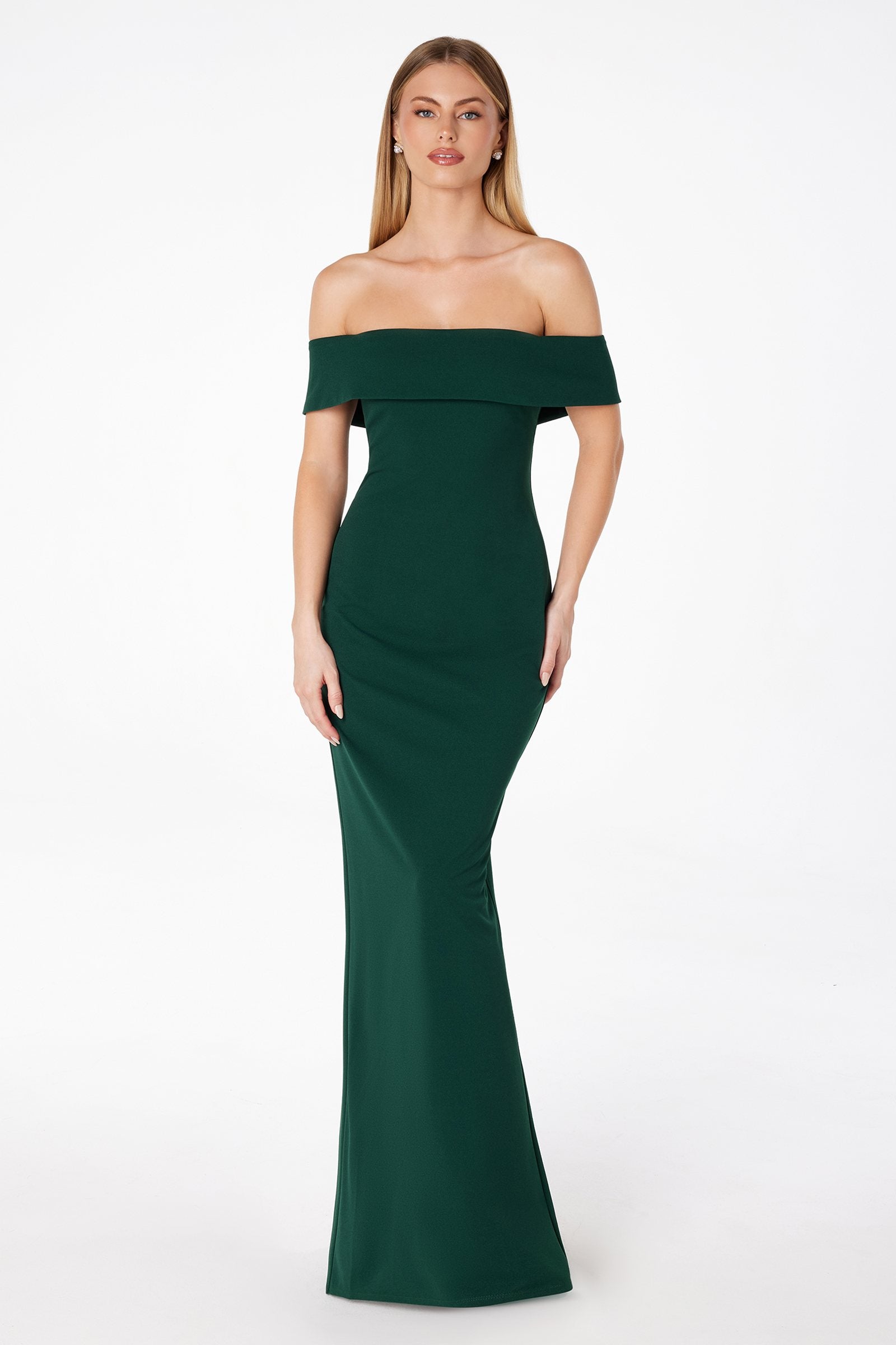 Emerald green off-shoulder fitted evening gown, straight column silhouette