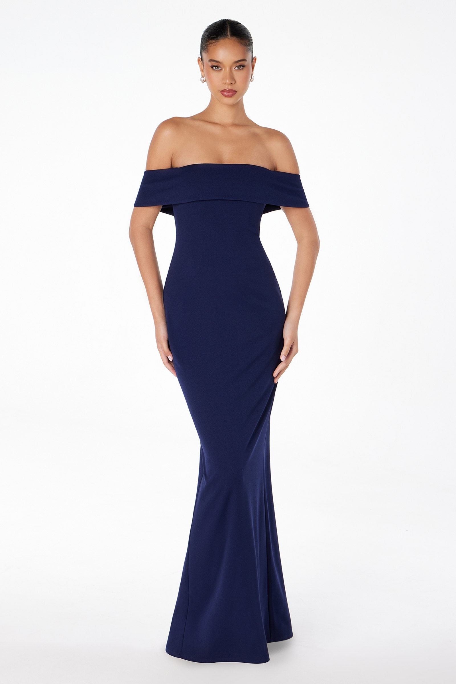 Royal blue off-shoulder fitted evening gown with straight neckline