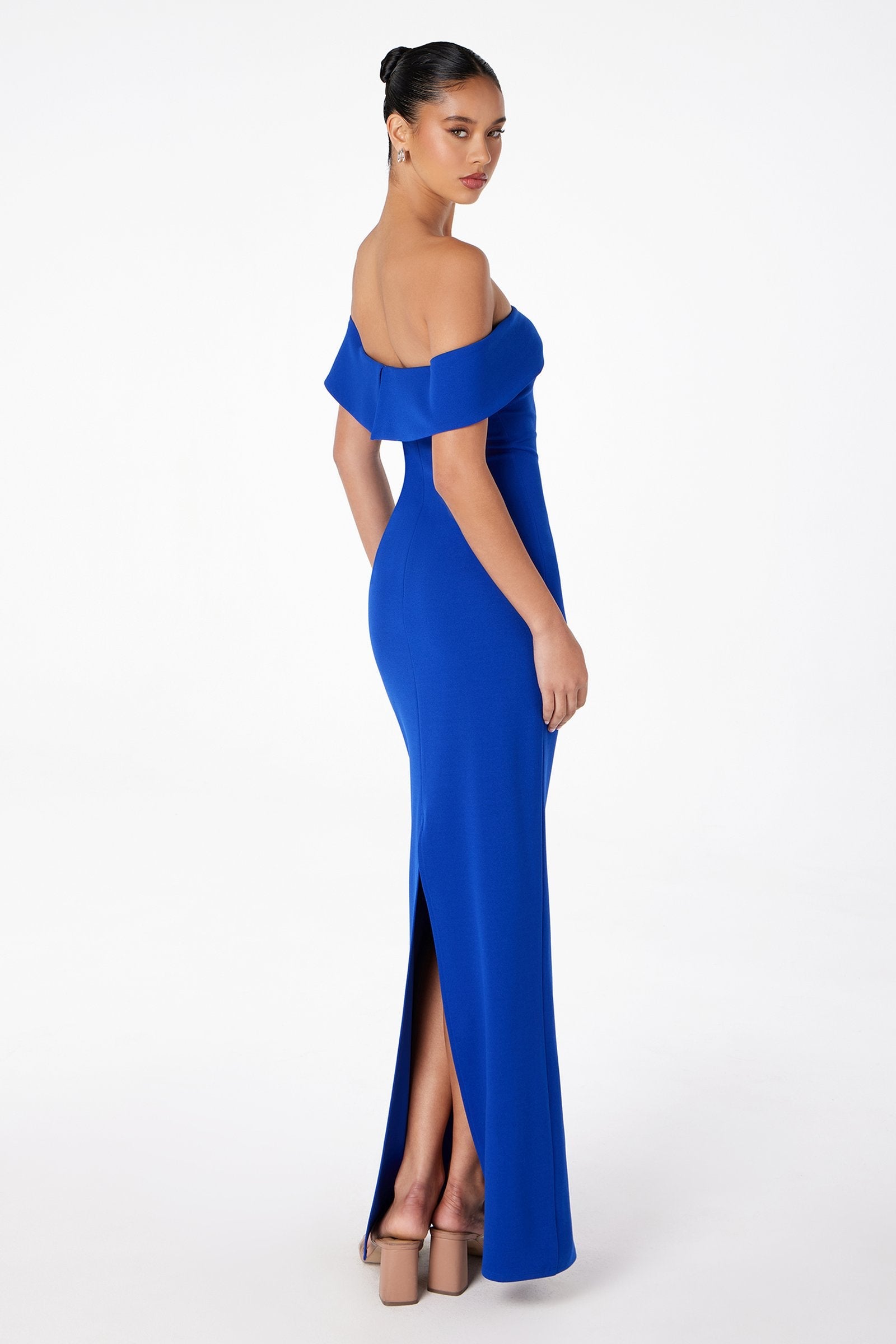 Royal blue off-shoulder fitted evening gown with front slit