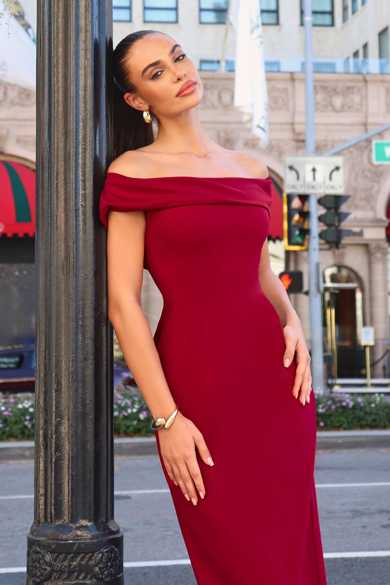 Burgundy off-shoulder fitted evening gown with straight neckline and side slit