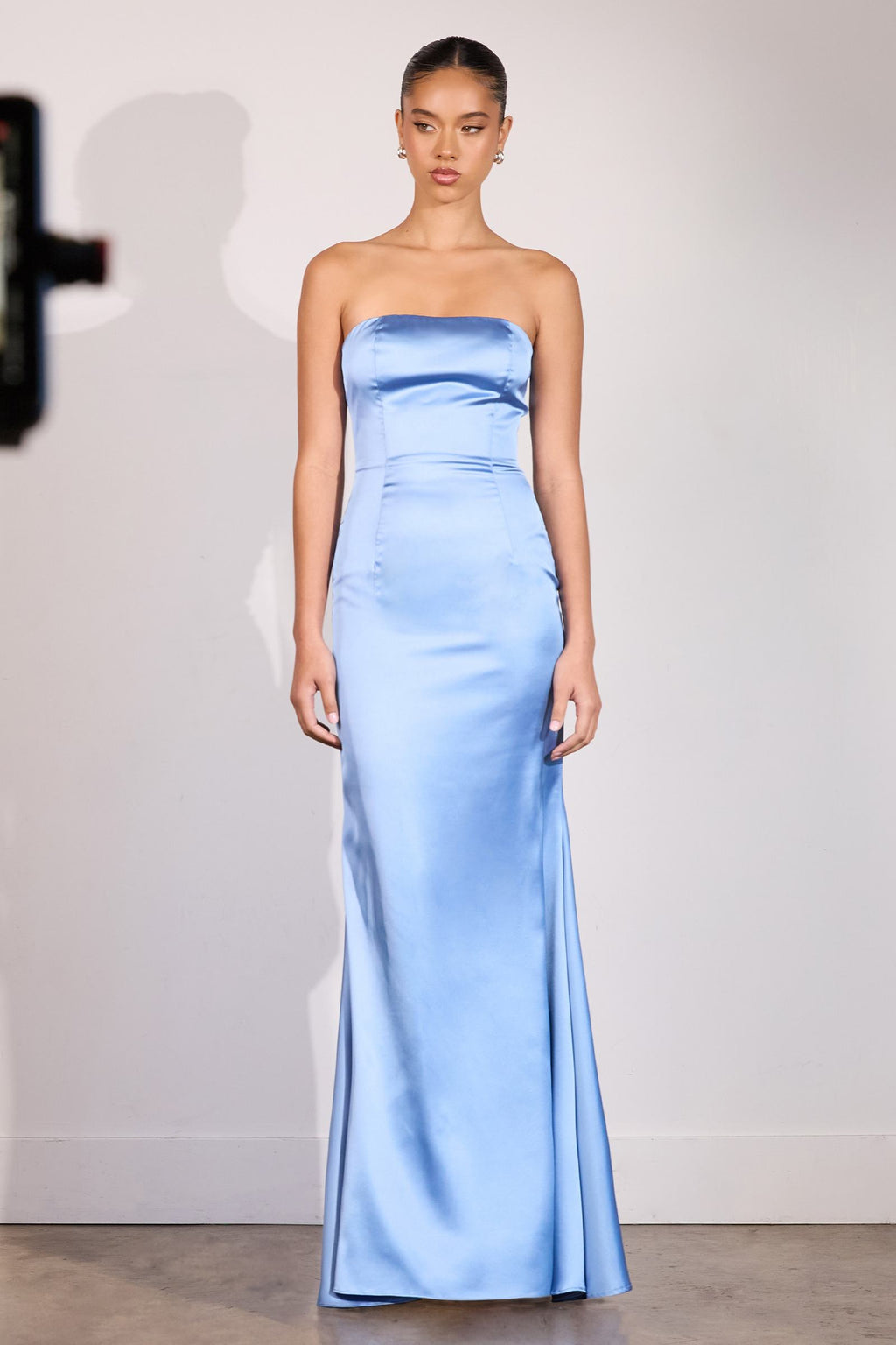 Light blue strapless fitted mermaid gown with matching scarf, streamlined silhouette