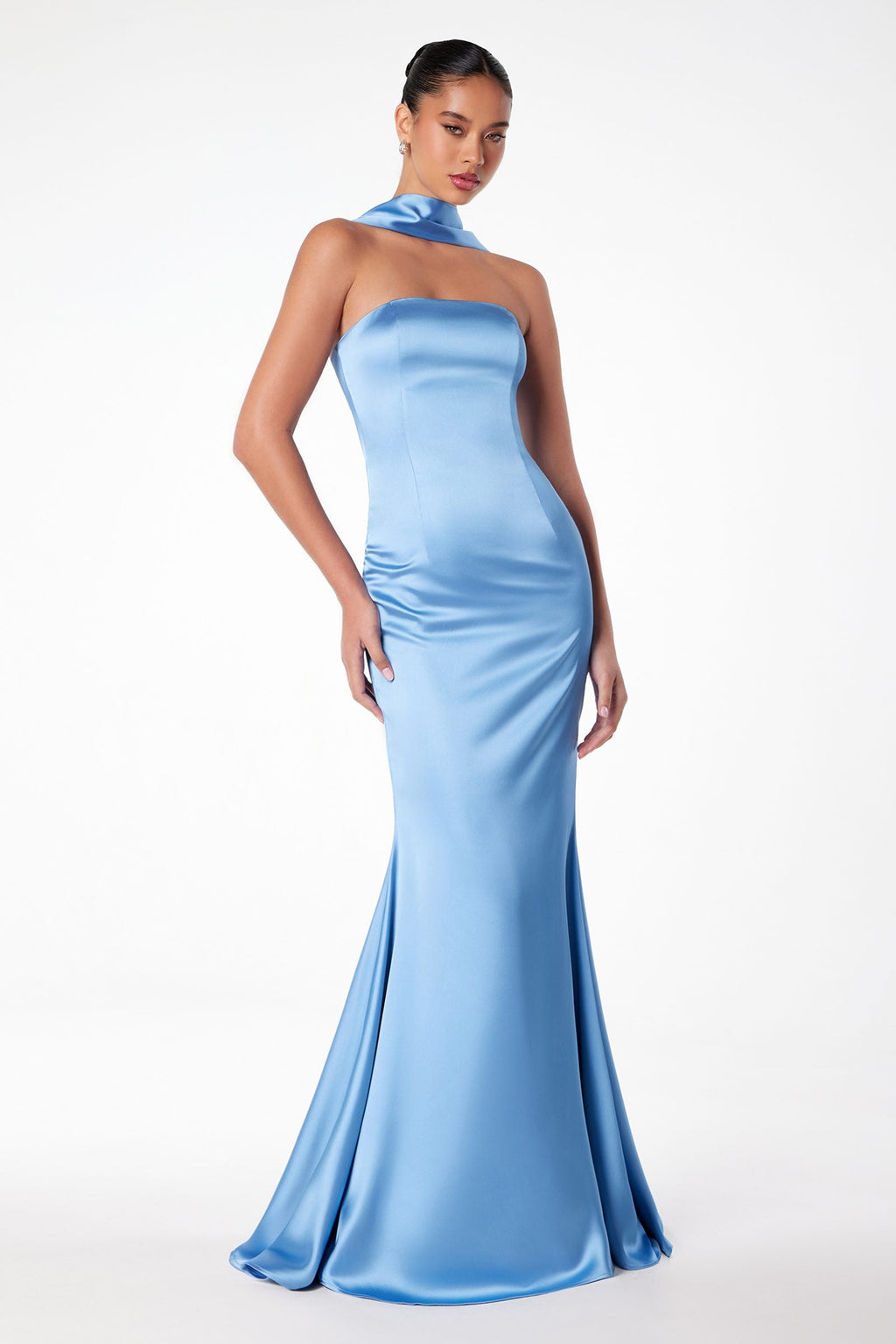Light blue strapless fitted mermaid gown with matching scarf, full length