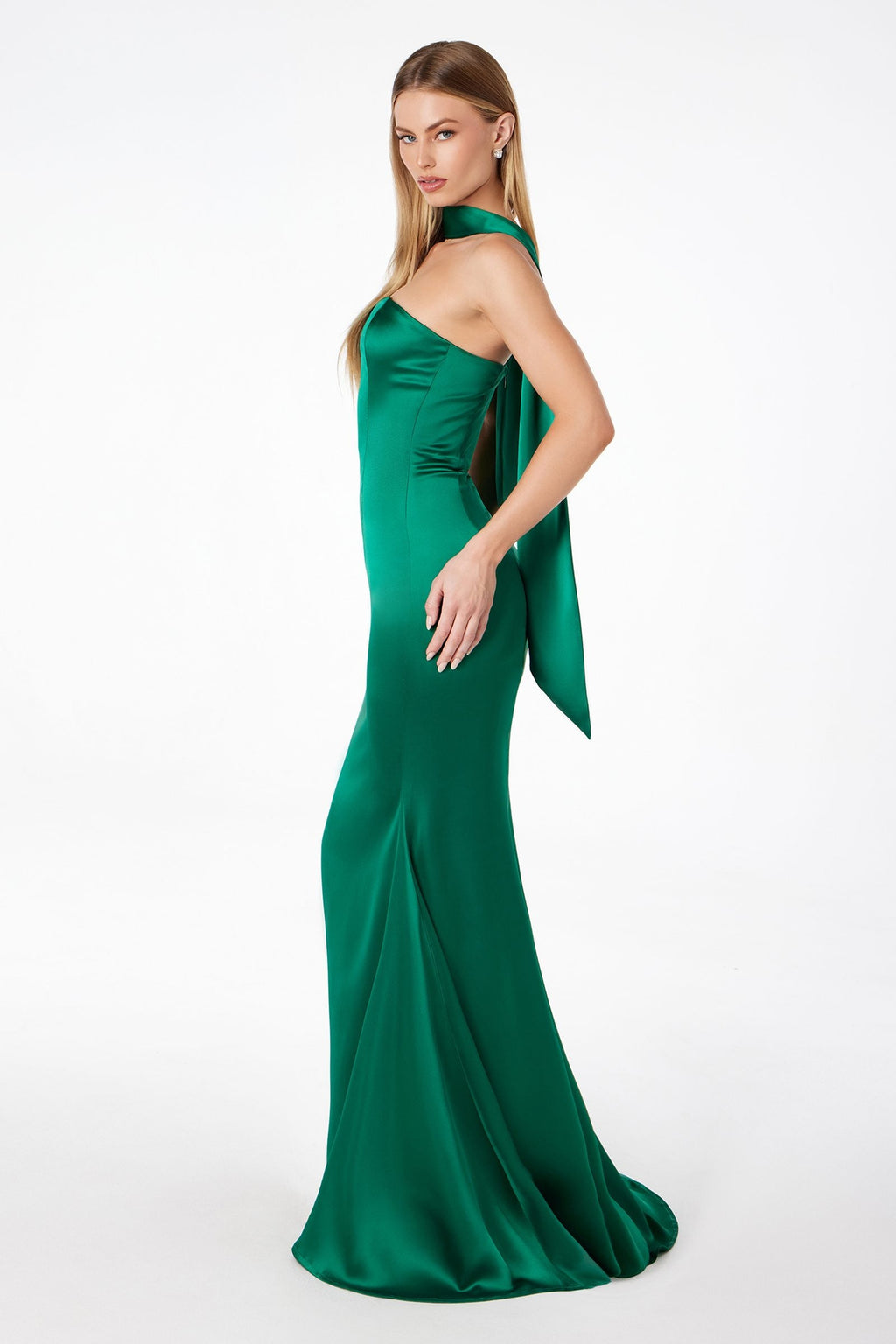 Emerald green strapless fitted mermaid gown with side scarf drape