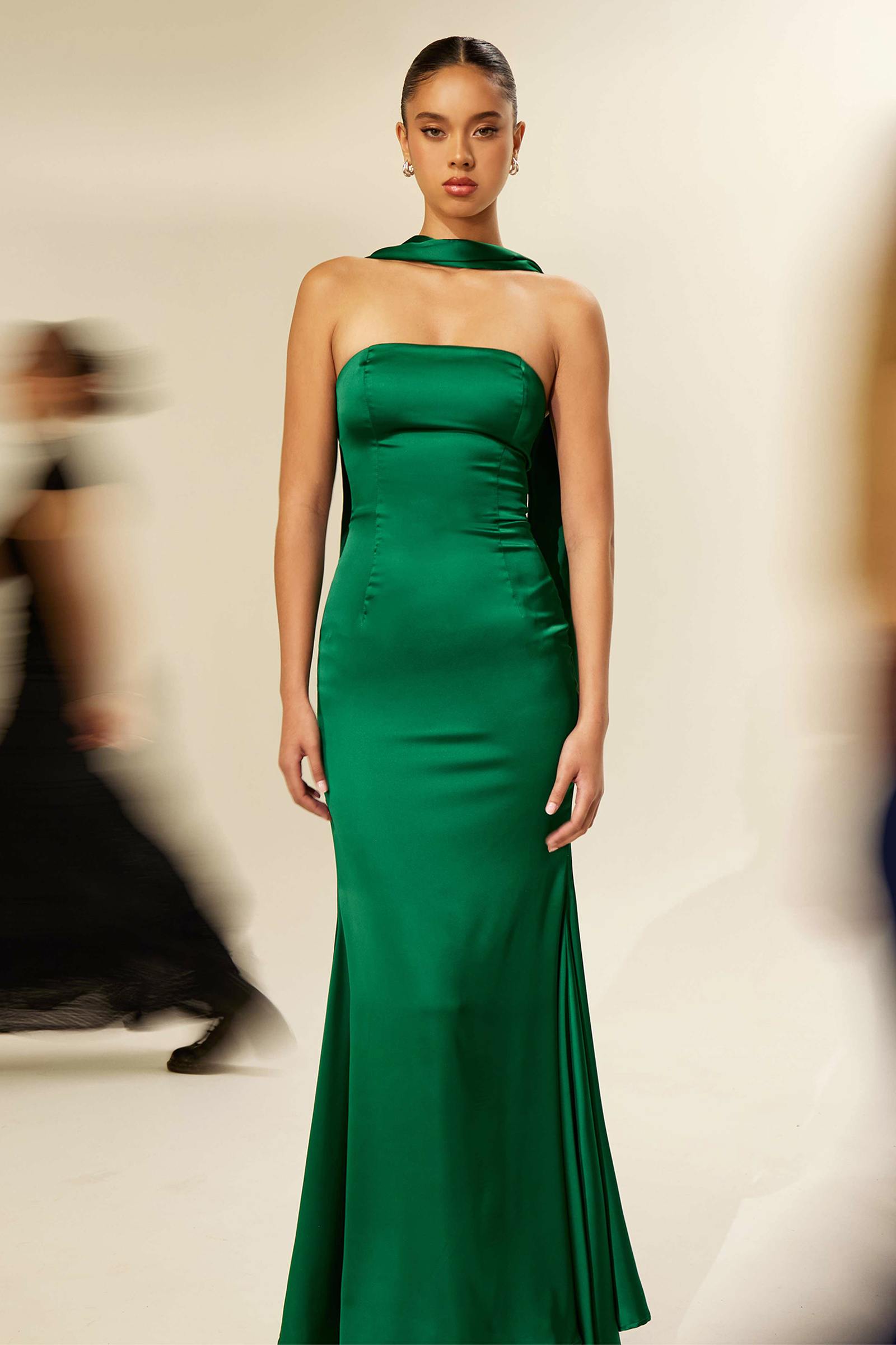Emerald green strapless fitted mermaid gown with high neckline scarf collar
