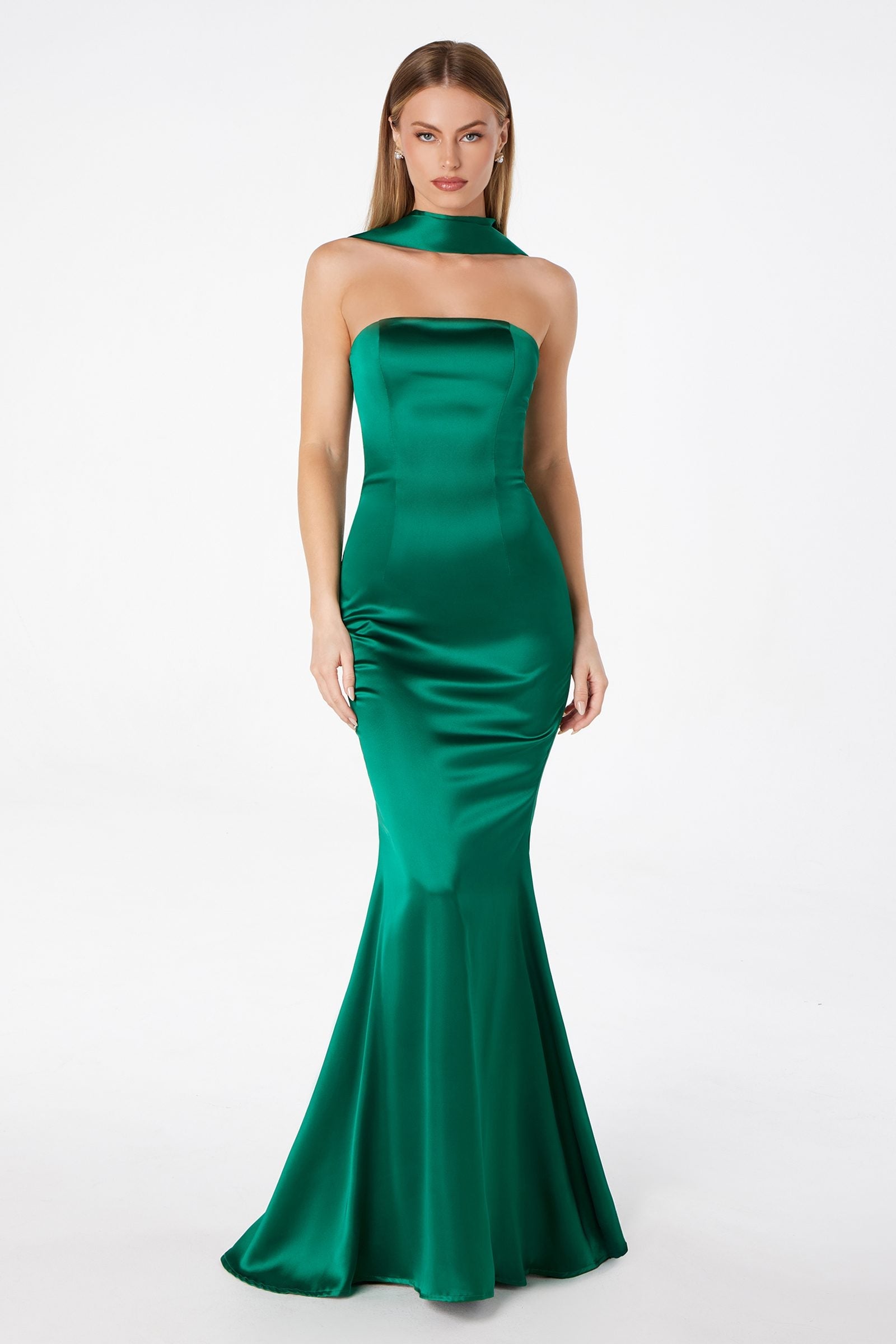 Emerald green strapless fitted mermaid gown with scarf collar