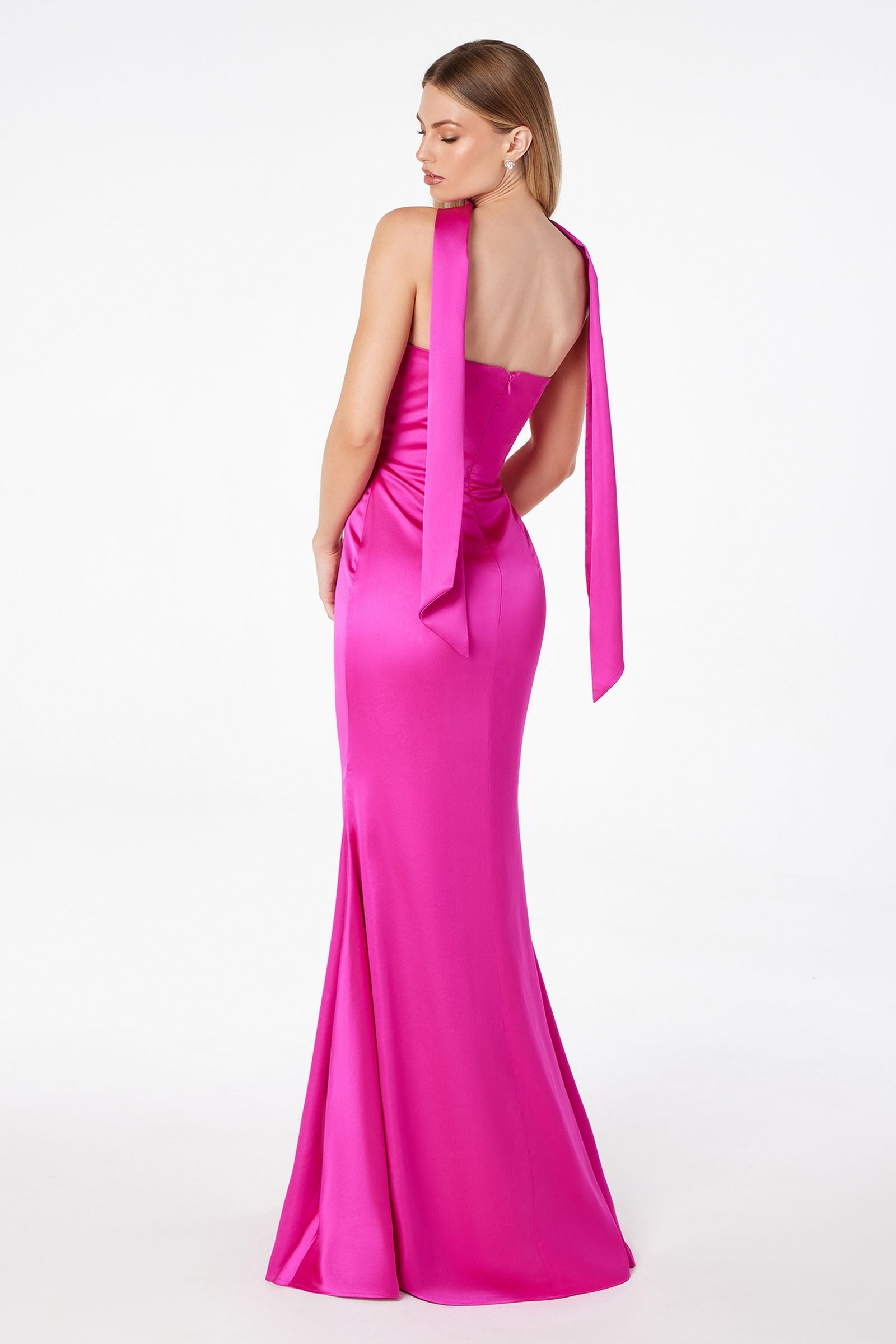 Strapless mermaid gown with draped neck scarf, hot pink satin; open back
