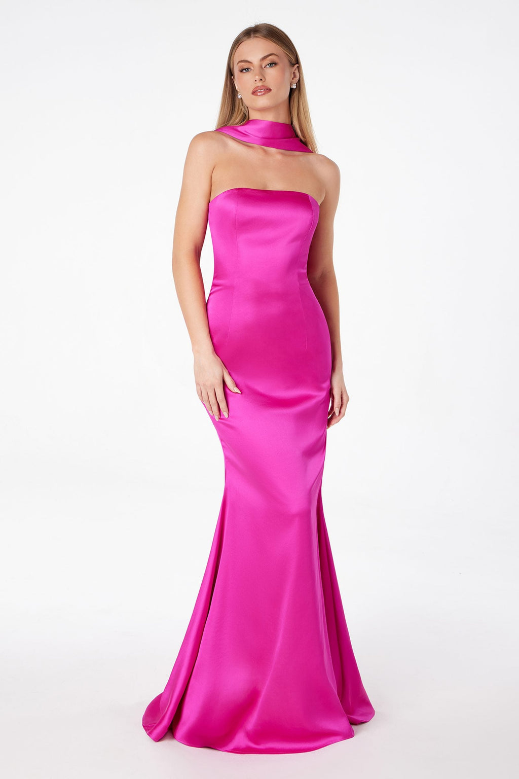 Strapless fitted mermaid gown with draped neck scarf, hot pink; floor-length