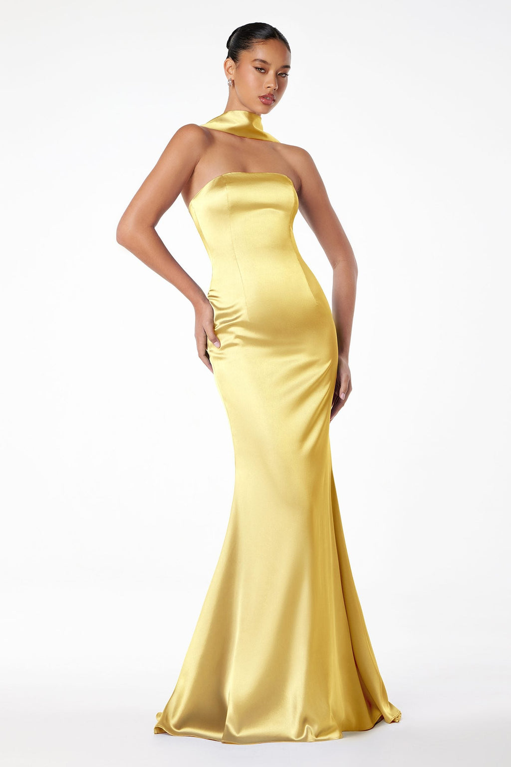 Pale yellow strapless fitted mermaid gown with scarf collar