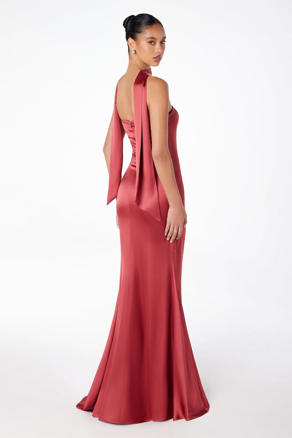 Rose satin strapless mermaid gown with long back drape scarf detail