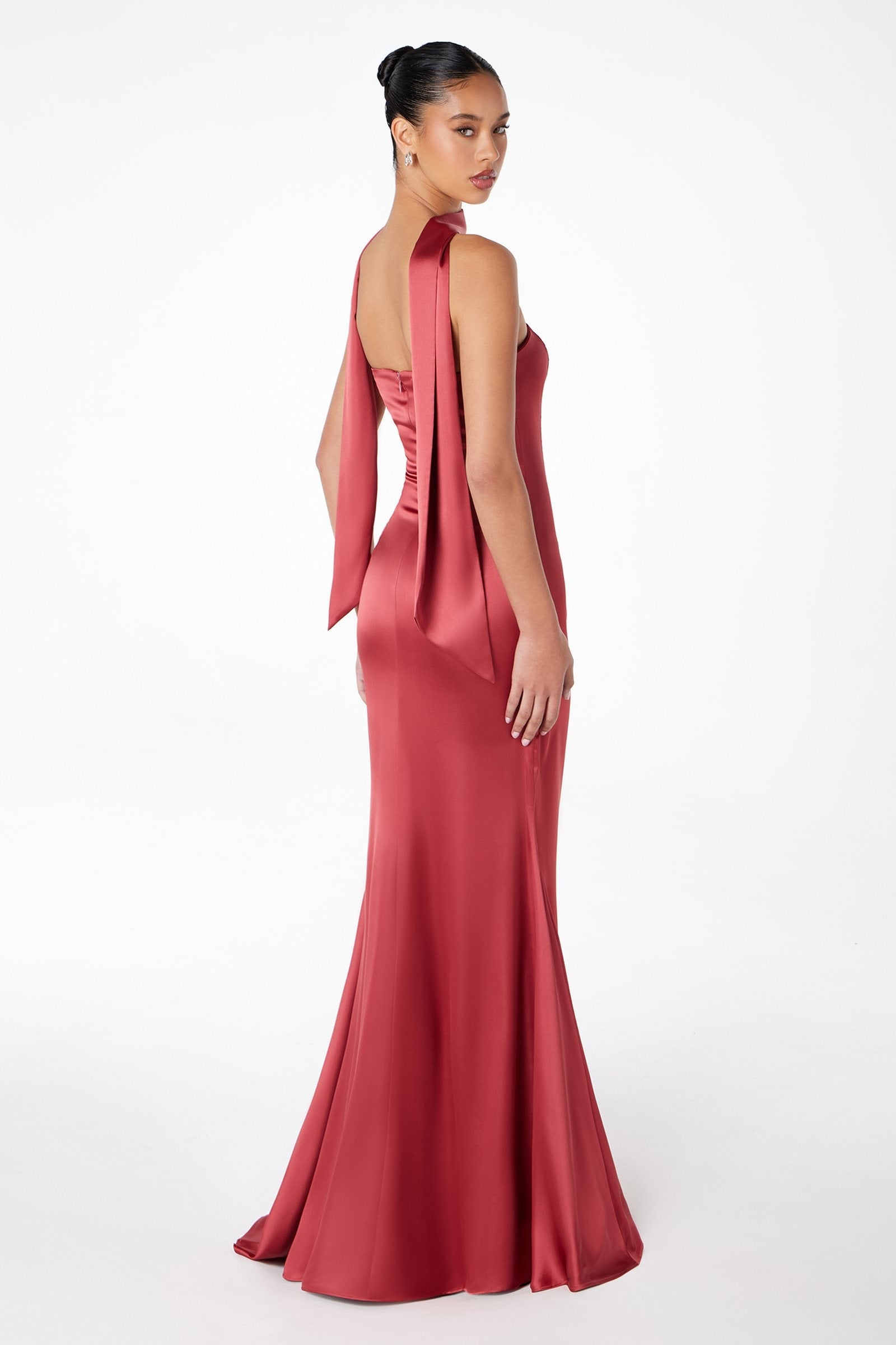 Rose satin strapless mermaid gown with long back drape scarf detail
